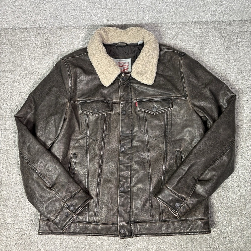 Levi Strauss Men's Faux Leather Jacket L Dark Brown Sherpa Collar Aviator Quilt